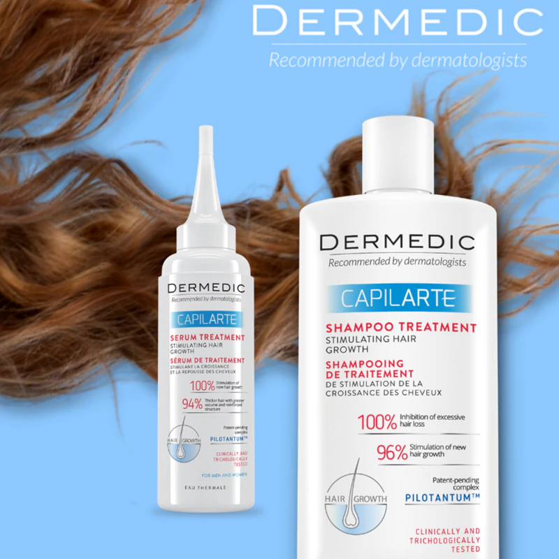 Tratamento com shampoo Dermedic Capilarte para estimular o crescimento capilar.