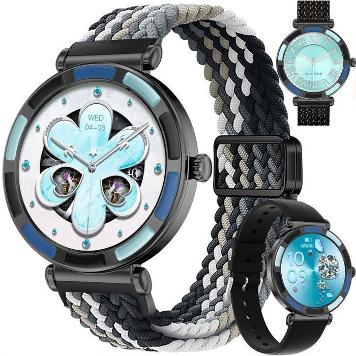 Montre Connectée Sport Femme Homme XTRADITECH Alliage Diamanté Strass Multicolore Noir Bleu Rond 1,27 Dos Finition IML 3 Bracelets