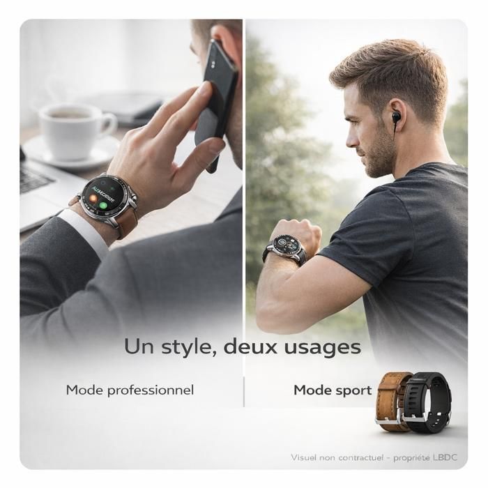 Smartwatch für Herren – Bluetooth-Anrufe, Gesundheits-Tracking, Sport-GPS, 1,39″-Display, schwarzes Leder- und Silikonarmband