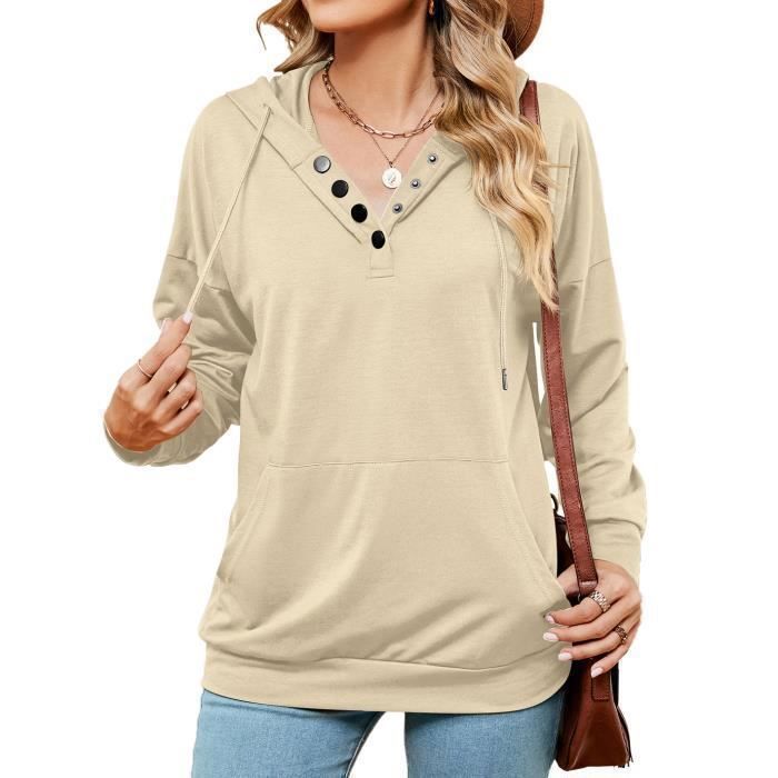 Pull Femme À Capuche Manches Longues Casual Pullover Couleur Unie Confortable Pour Printemps Et Automne - Taille EU - Abricot