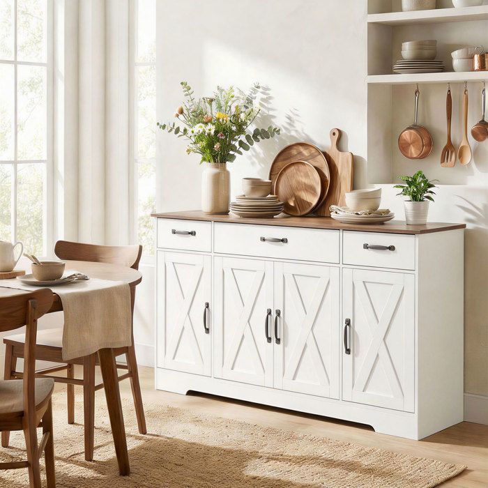 Buffet de cuisine - HOMCOM - 4 portes de grange, 3 tiroirs et étagères réglables - bois - 140 x 40 x 81 cm - blanc