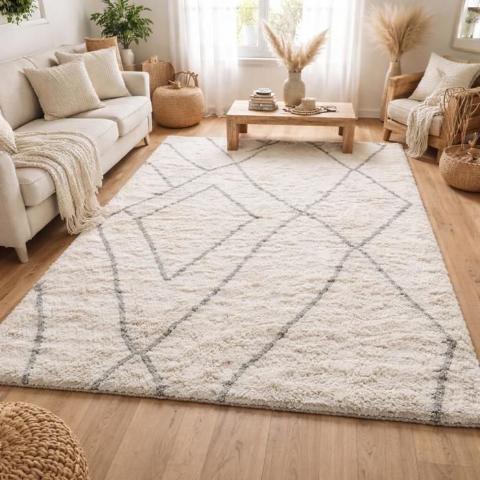 Langfloriger, zotteliger Teppich 160x220 rechteckig gewebt cremefarbenes Berbermuster LYN4 SOFT 6