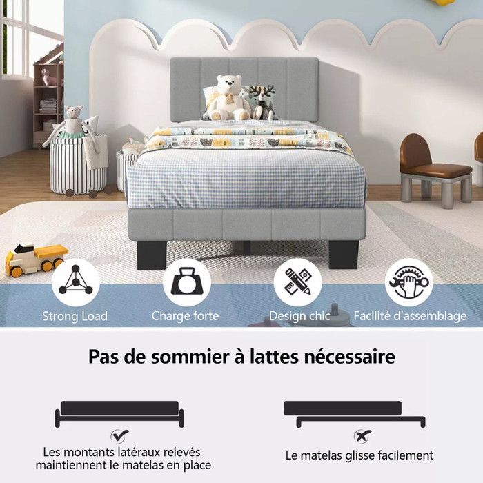 Cama infantil tapizada, 90x200 cm, para niñas y niños, cabecero regulable en altura, montaje rápido, somier de láminas de madera.