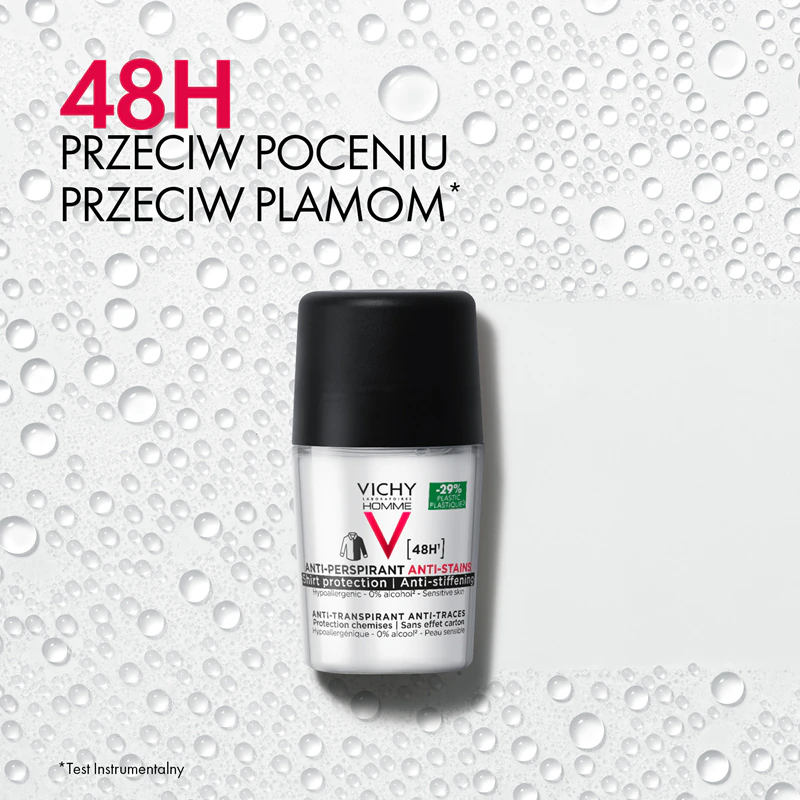Desodorante antitranspirante Vichy Homme contra manchas brancas e amarelas por 48 horas.