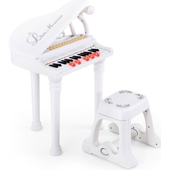 Piano infantil COSTWAY de 31 teclas con taburete, micrófono, 3 modos de enseñanza, luz LED, reproductor de MP3, 4 estilos musicales, 22 canciones, blanco.