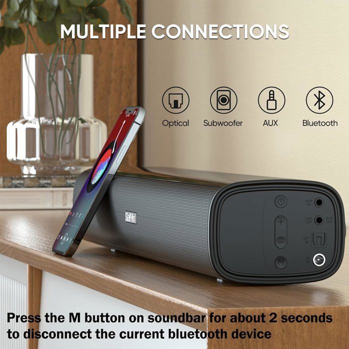 Saiyin Small Soundbar with 60W Peak Power, Bluetooth 5.3/Optical/AUX Connection for 17-inch TVs
