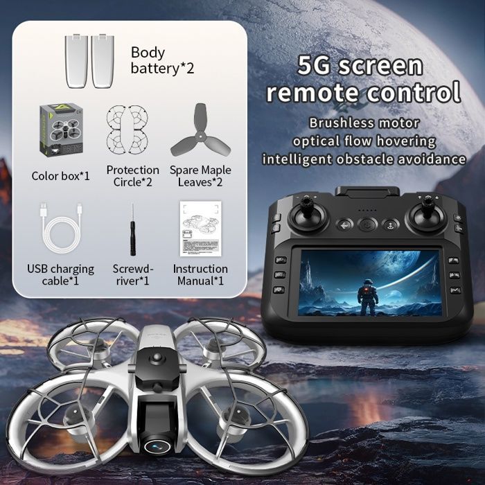 Dron, 4K, 2 baterías, giro, posicionamiento, evitación de obstáculos, transmisión de imagen, protección omnidireccional, gris