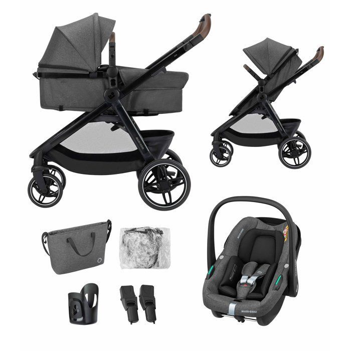 MAXI-COSI Poussette 3 en 1 Zelia S Trio2, Nacelle+Siège auto Cabriofix S iSize+Sac à langer+habillage pluie, 0-22Kg, Dark grey