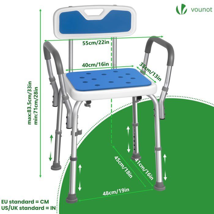 VOUNOT® Duschstuhl mit Rücken- und Armlehnen – Höhenverstellbar – Rutschfeste Füße – Sitzfläche aus Aluminium-HDPE – Blau