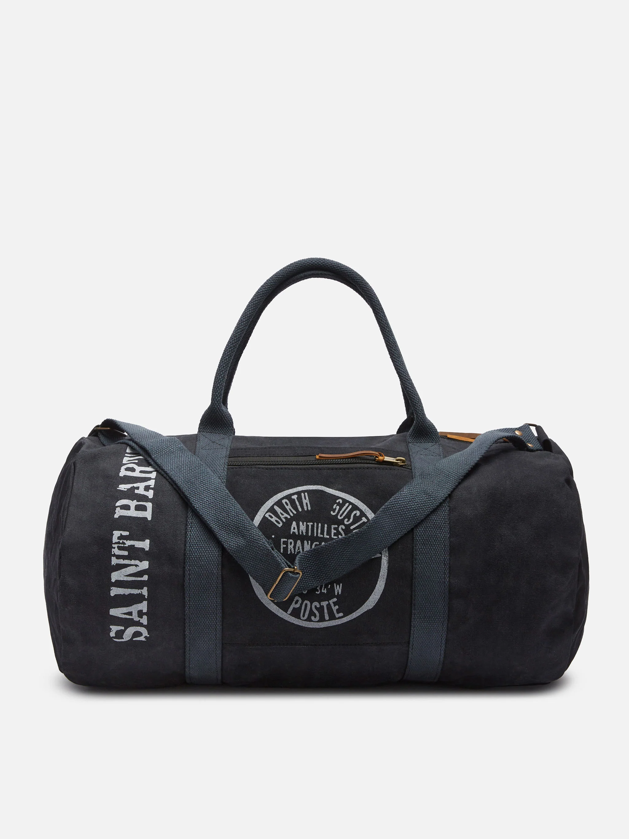 Bolsa de viaje negra con efecto vintage | Detalle estampado en la parte delantera | Cierre de cremallera | 100 % algodón | 55 cm x 30 cm x 30 cm | MC2 Saint Barth