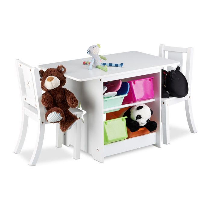 Conjunto de mesa y sillas de madera para niños Relaxdays ALBUS con cestas de almacenamiento, color blanco.