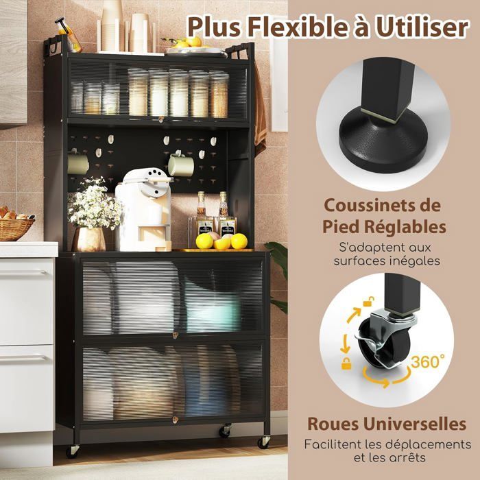 Aparador de cocina COSTWAY de 5 niveles con luces, soporte para microondas con ruedas, puertas, ganchos y patas ajustables, color negro.