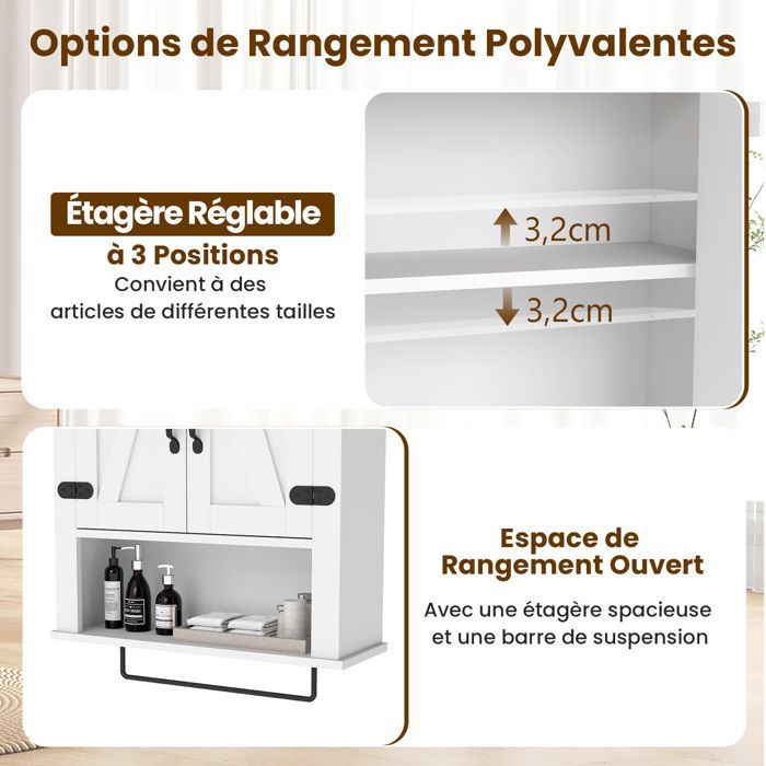 Armario de baño de pared COSTWAY - 2 puertas, compartimento abierto, estante ajustable, toallero para lavadero, cocina