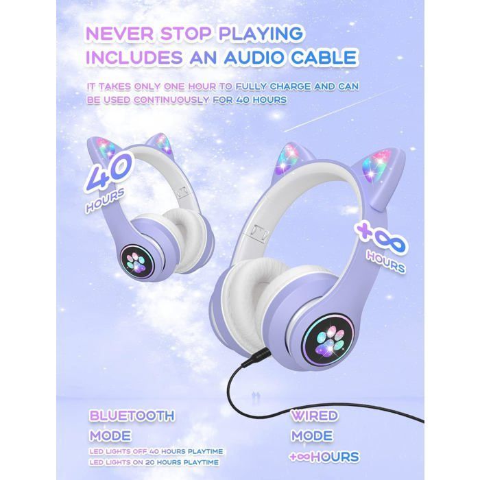Cuffie Bluetooth per bambini, cuffie Bluetooth pieghevoli per bambini con luci LED e orecchie da gatto, cuffie wireless, viola