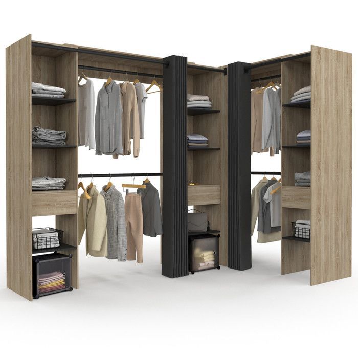 IDMARKET Dressing extensible d'angle MARLON 230 x 140 x 180 cm hêtre avec penderies + étagères + rideaux noirs