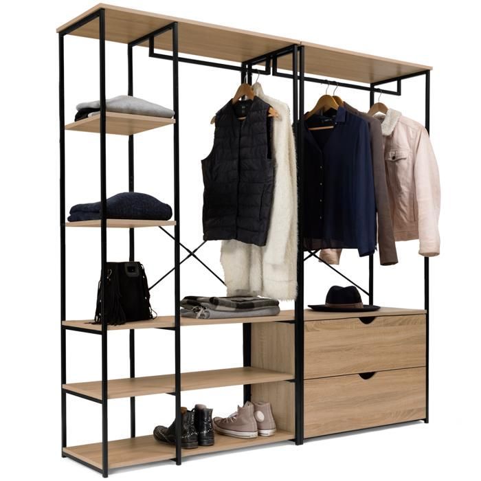 Guarda-roupa modular duplo IDMARKET DETROIT com prateleiras e 2 gavetas, design industrial.
