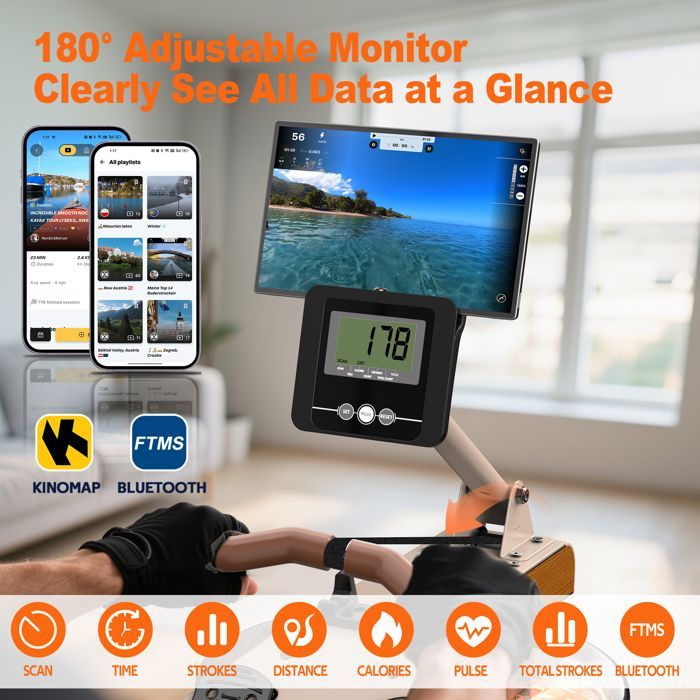 Rameur à eau - ORISYN - Modèle Pliable - Cadre inox 160 kg - Écran Bluetooth Kinomap - 98% pré-assemblé
