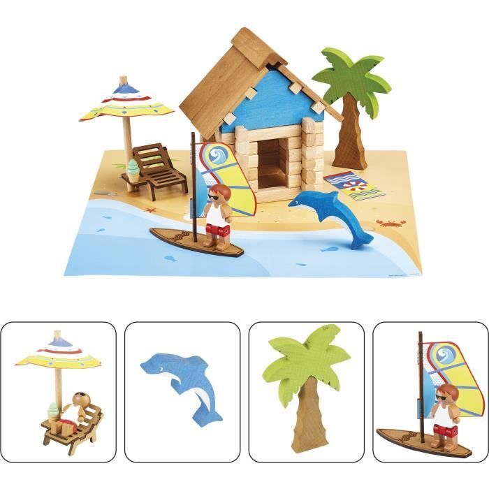 La Cabane de Plage 55 Pièces - JEUJURA - Jeu de Construction en Bois Naturel, Tapis et Accessoires Inclus, 22x18,5x8,5 cm