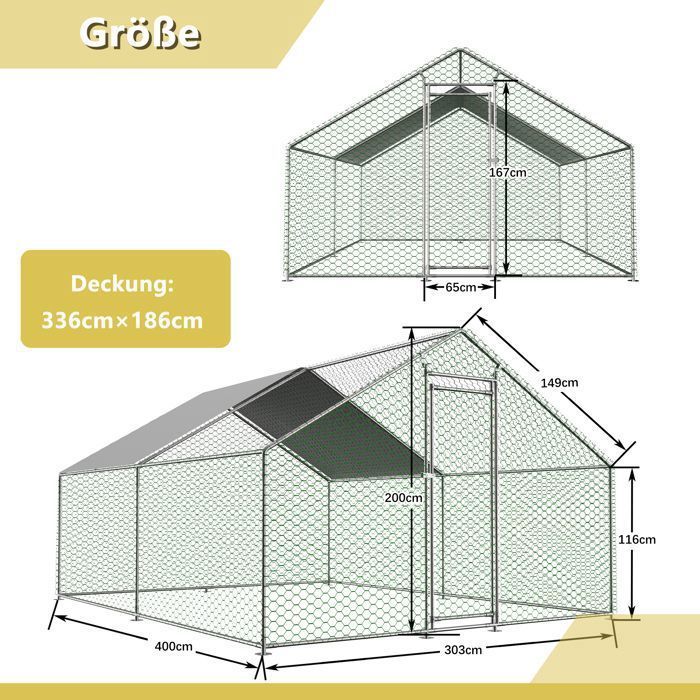 Enclos Poulailler 12 m² avec Toit Imperméable, Acier Galvanisé, Parc Grillagé 3x4x2m pour poules,lapins, Anti UV