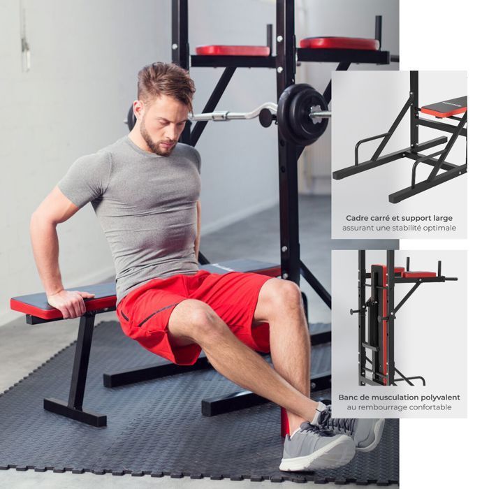 Entrenamiento con pesas - TECTAKE - Estación de entrenamiento con pesas REEVES de acero con banco plegable, barra de dominadas y estación de fondos - Negro