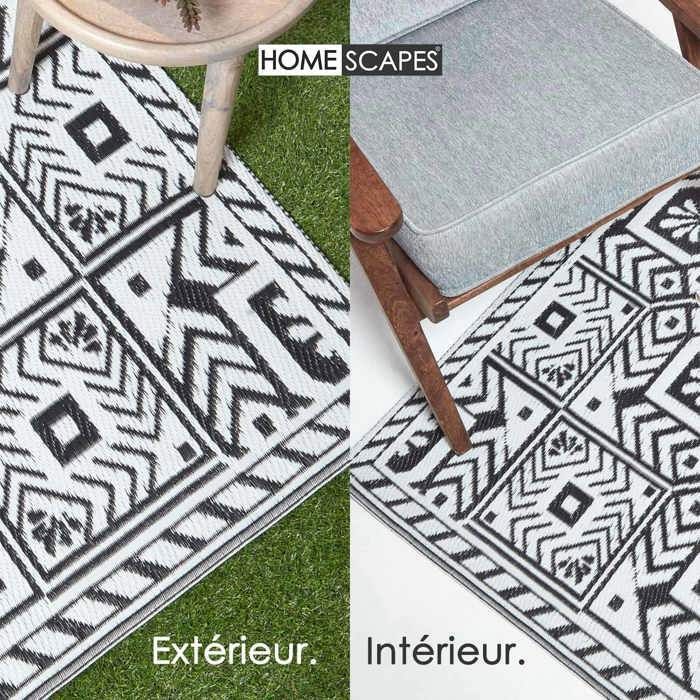 Tapis extérieur jardin imperméable, réversible et résistant UV - Noir et blanc - Géométrique - 182 x 122 cm