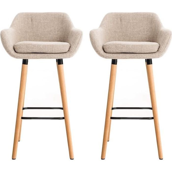 Juego de 2 taburetes de bar tapizados en tela con patas de madera de roble - Beige - 45 cm de largo x 45 cm de ancho x 104 cm de alto