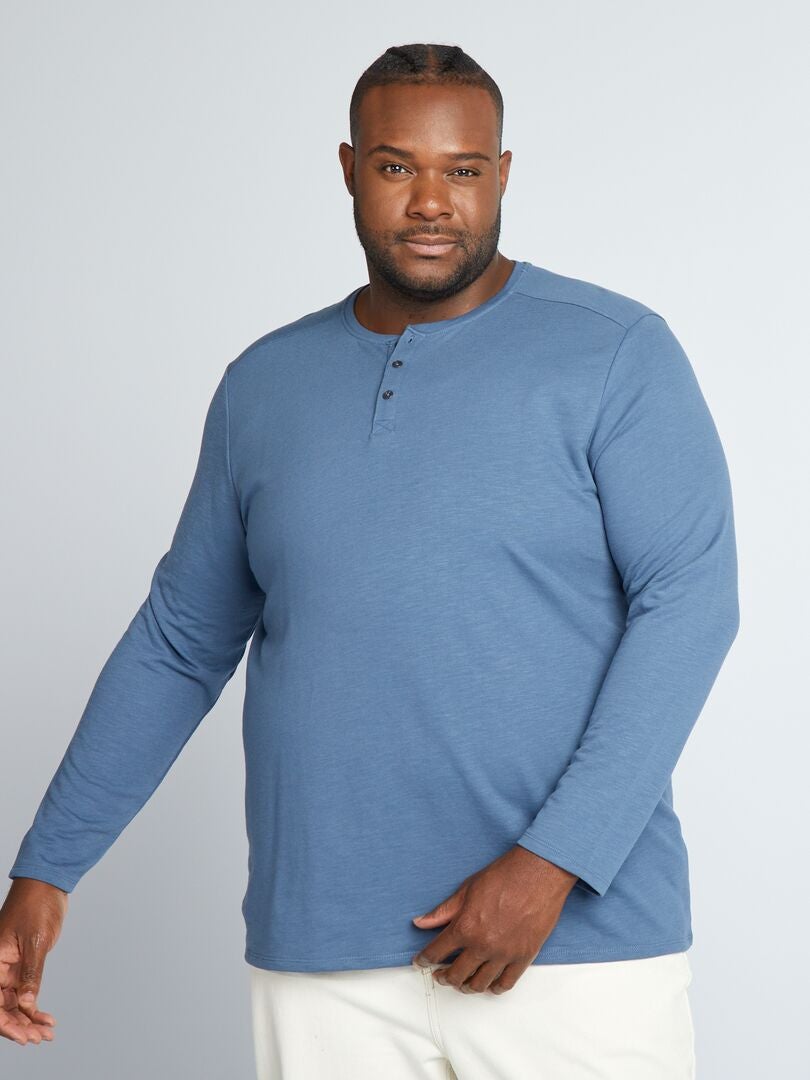 Camiseta de manga comprida com gola henley - AZUL