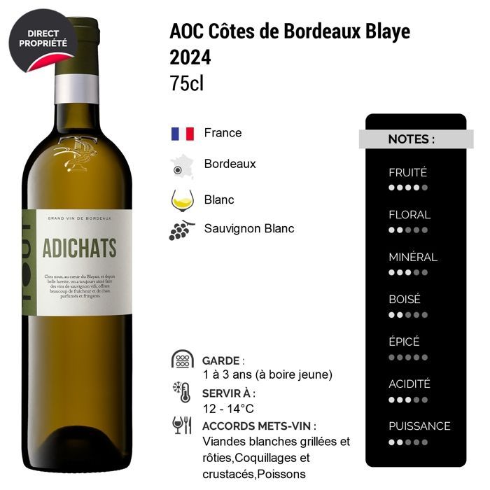 Tutiac Côtes de Bordeaux Blaye Tout Adichats 2024 - White Bordeaux Wine (6x75cl).