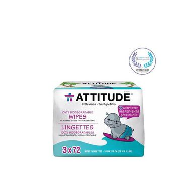 Attitude Bionedbrydelige Babyservietter, Parfumefri, 3 x 72 stk.