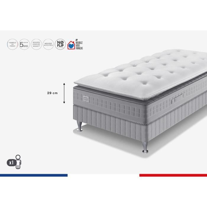 Conjunto SIMMONS SW5 de 90 x 200 cm: colchón + base de cama de 29 cm de grosor, no requiere volteo, muelles ensacados, firmeza media, fabricado en Francia.