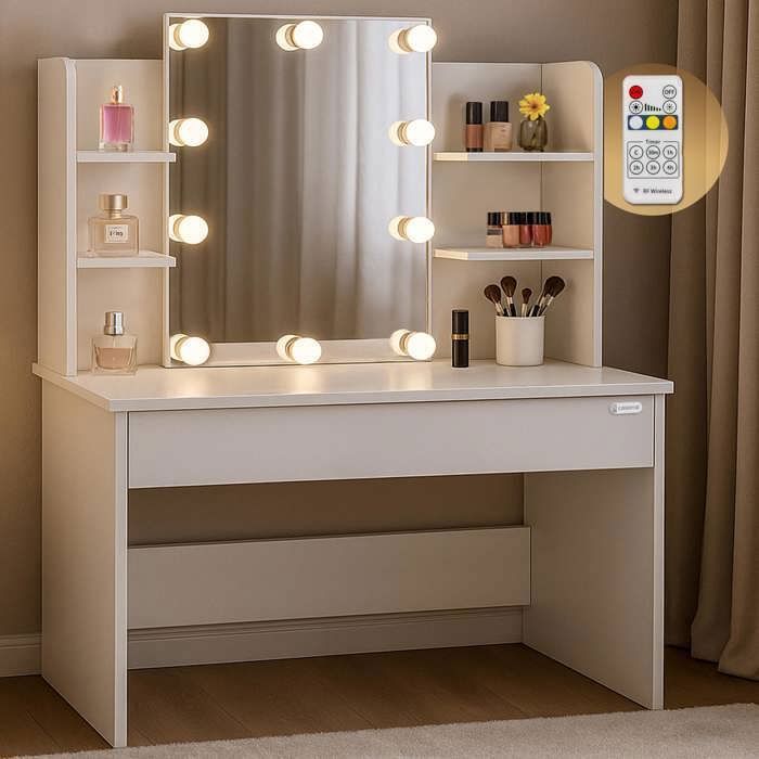 Casaria Lucia Vitt sminkbord med LED-spegel, sminkbord, förvaring i sovrummet, 3-fackslådor