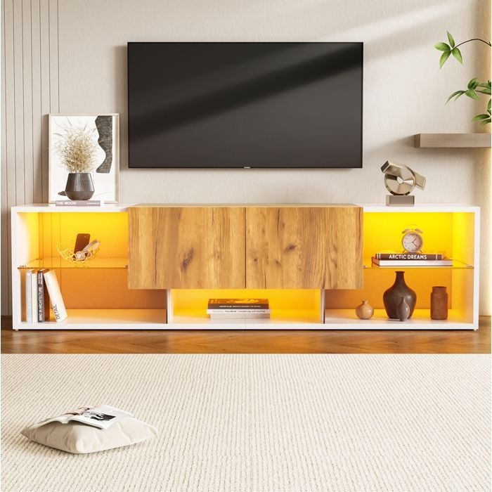 Meuble TV - TANANT - Moderne - Éclairage LED - 5 étagères - 2 tiroirs - Blanc