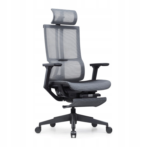 Ergonomiczny fotel z podnóżkiem EXPERTA szary siatka