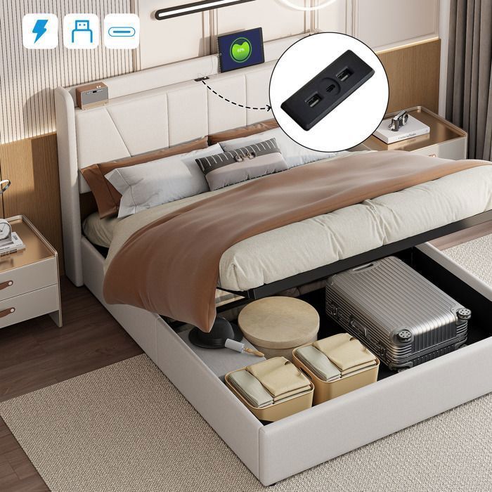Lit coffre 160x200cm avec ports USB et Type C, lit adulte 160x200 cm avec rangement hydraulique, sommier à lattes, tissu lin, beige