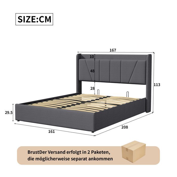 Letto contenitore 160 x 200 cm, letto 160x200 con base a doghe, letto per adulti con porta USB, struttura letto, con testiera, grigio scuro, materiale