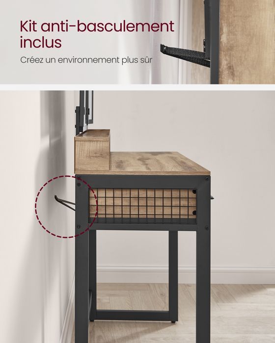 Coiffeuse avec Tabouret, Miroir Triple, 3 Tiroirs, Porte-sèche-Cheveux, Pot - VASAGLE - Marron Boisé, Noir