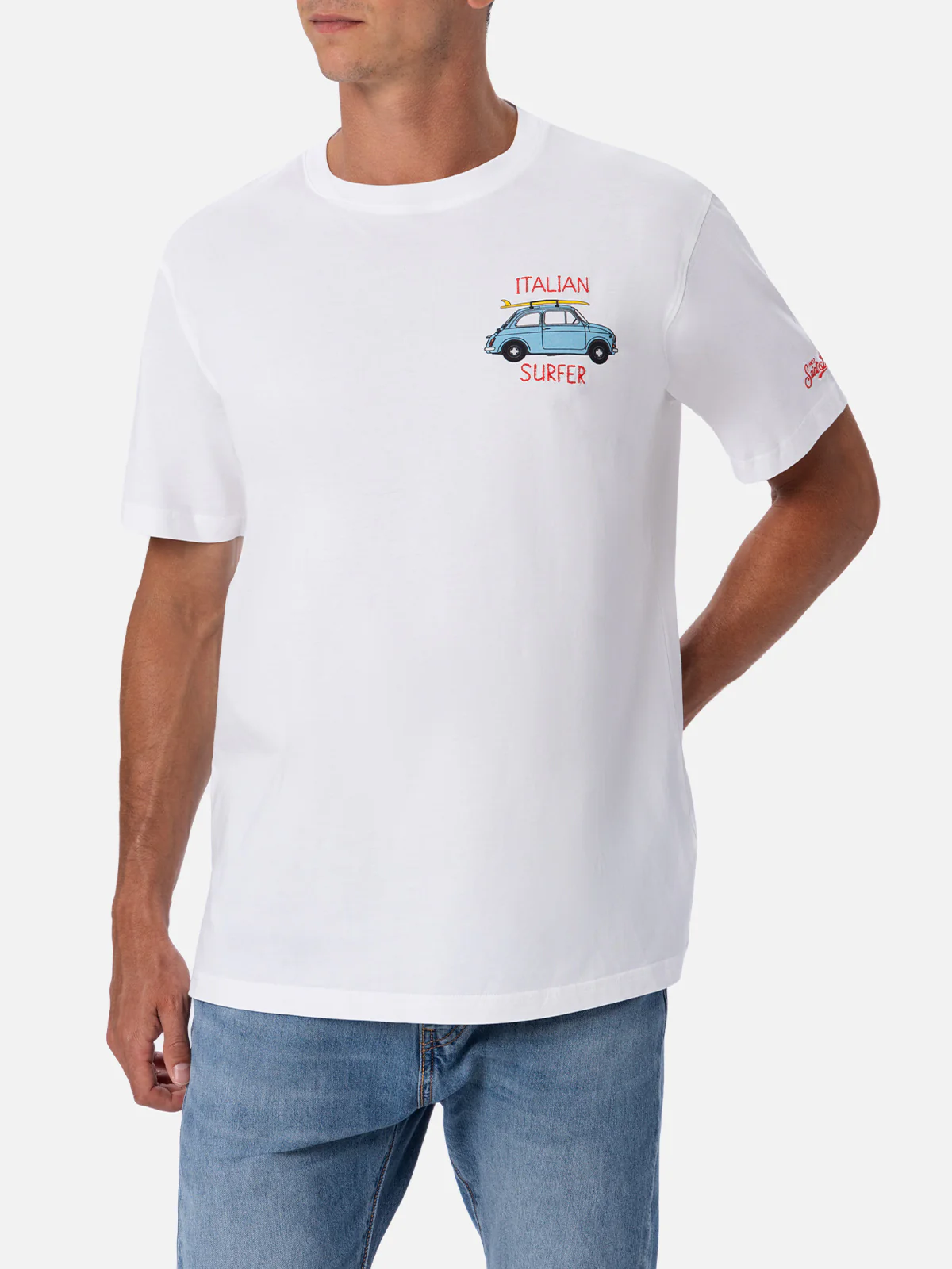 T-shirt da uomo in cotone con stampa piazzata e ricamo Fiat 500 | FIAT