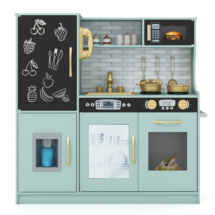 Cocina de juguete de madera COSTWAY para niños de 3 a 6 años con teléfono, pizarra, microondas, máquina de hielo y 7 accesorios - Verde