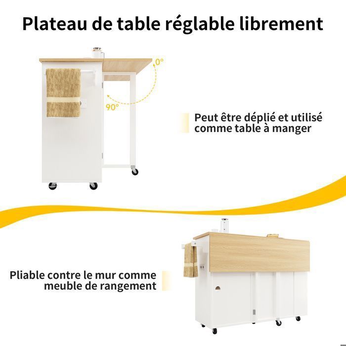 Küchenwagen – TKOPY – Ausziehbare Kücheninsel auf Rollen mit Flaschenablage – 131,5 x 43–73 x 90,7 cm – Weiß