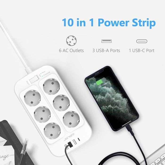 Regleta de enchufes 3M, regleta de 6 tomas con 4 puertos de carga USB (3 USB-A + 1 USB-C), protector contra sobretensiones, pararrayos.