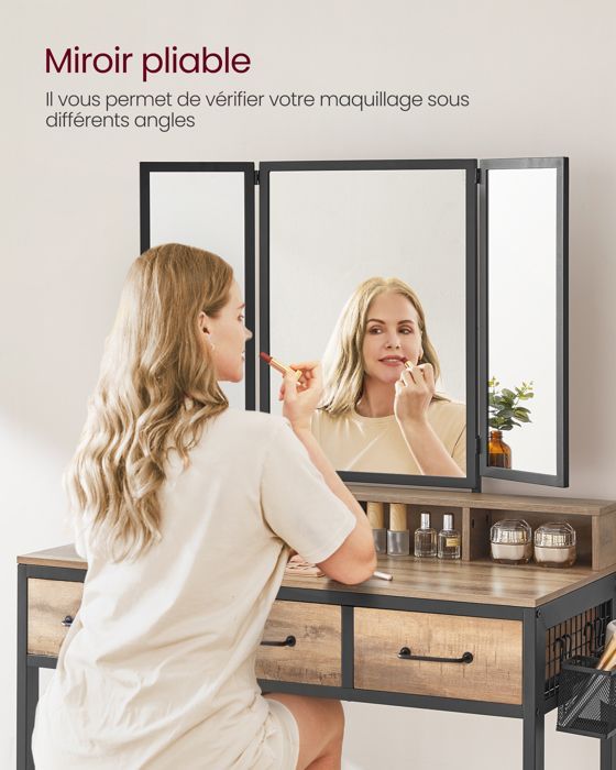 Penteadeira com banqueta, espelho triplo, 3 gavetas, suporte para secador de cabelo e porta-objetos - VASAGLE - Madeira Marrom, Preto