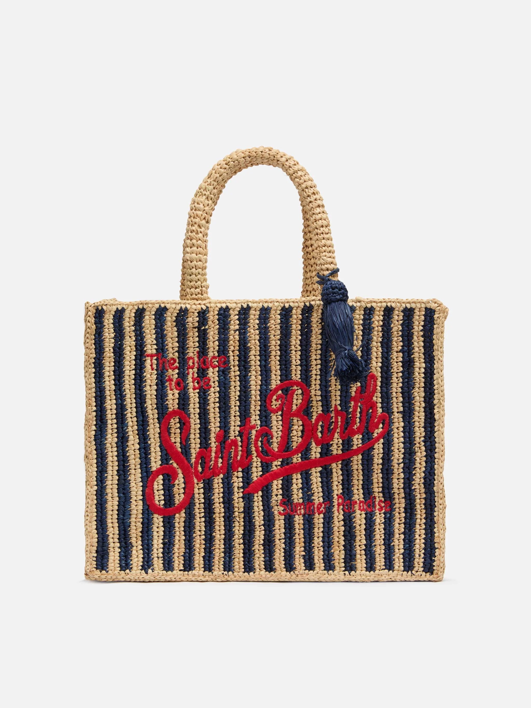 Colette-tas van marineblauwe gestreepte raffia met geborduurd logo.