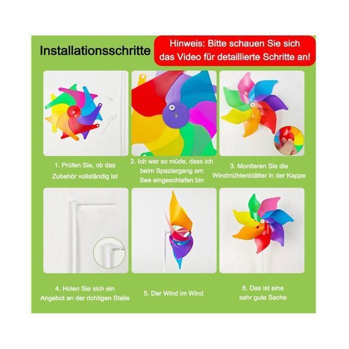 Lot de 6 moulins à vent multicolores pour balcon, arc-en-ciel, pour enfants, convient pour le jardin, extérieur, Mult MOULIN A VENT