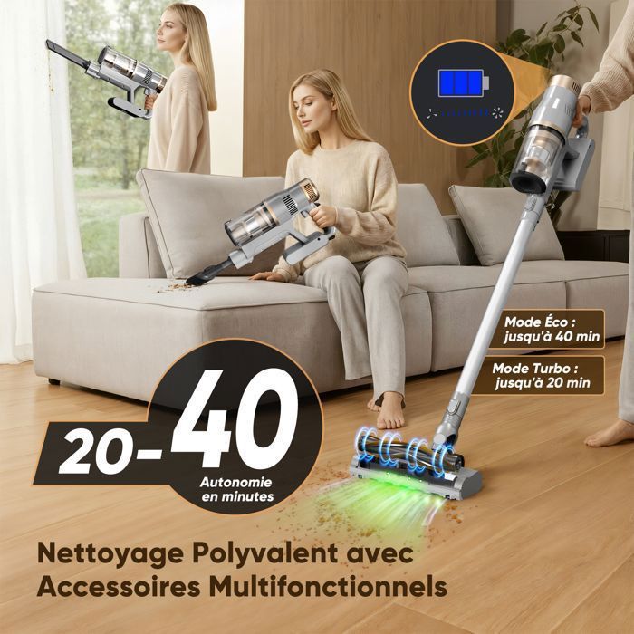 Aspirateur Balai Sans Fil LAMZIEN V12PRO - 32kPa - 40 min d’autonomie - Anti-Enchevêtrement - Lumière LED Verte - Autoportant