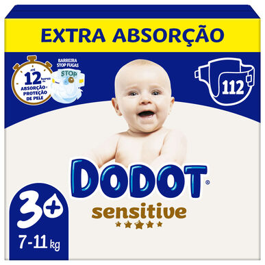 Dodot Sensitive 7-11 kg, 3 dydžio kūdikių sauskelnės su apsauga nuo pratekėjimo, 112 vnt. 112 vnt.
