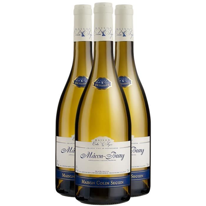 Mâcon Bray Excellence Blanc 2021 - Caja de 3 botellas de 75 cl - Maison Colin Seguin - Vino blanco de Borgoña con Denominación de Origen Protegida (AOC) - Variedad de uva Chardonnay