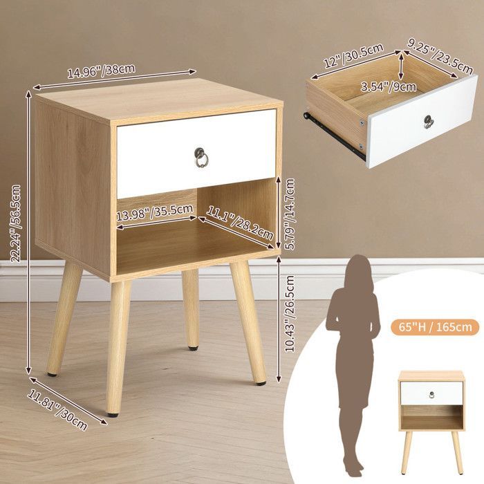 Mesa de cabeceira com gavetas e compartimento aberto - ALIGHTUP - Estilo moderno, carvalho e branco