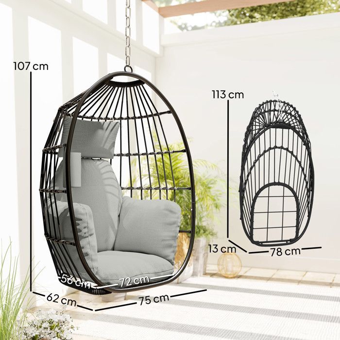 Hanging chair - Outsunny - folding frame, cushions, cup holder, pillow - indoor/outdoor use - 75x62x107cm - dark grey