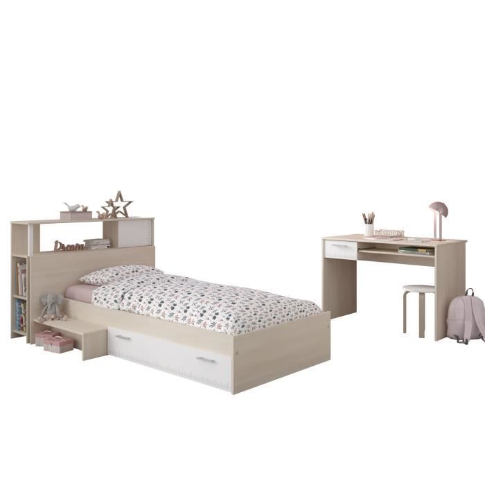 PARISOT Complete Children's Bedroom Set: Headboard + Bed + Desk - Contemporary Style - Light Acacia and White Decor - CHARLEMAGNE