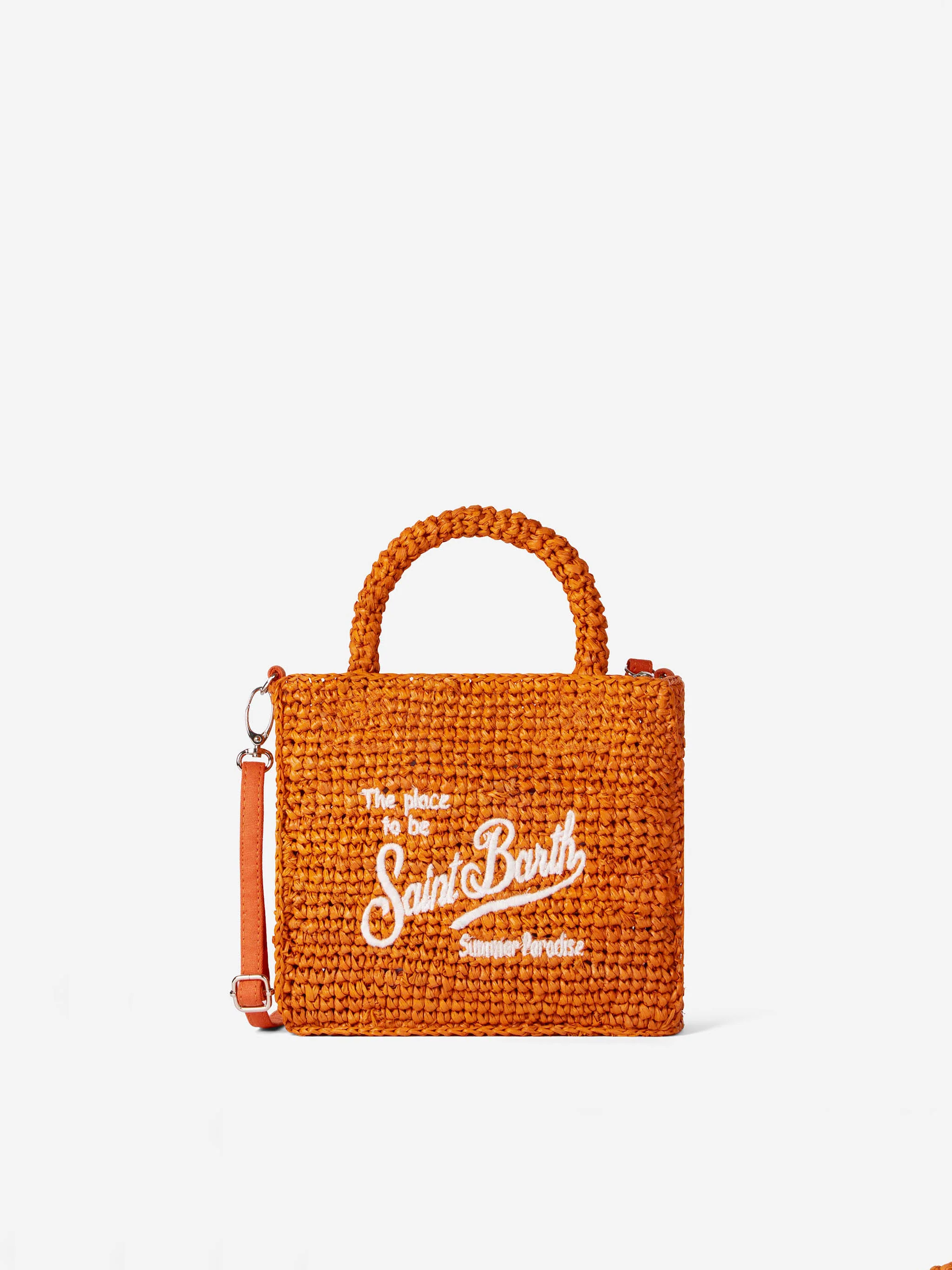 Mini toilettasje van oranje raffia met borduurwerk aan de voorkant